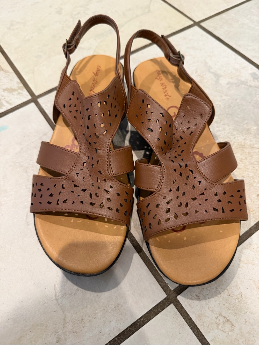 easy street Brown Perforated Slingback Sandals
